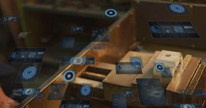 Technician reaching vise, AR overlays appearing and guiding hammering on clamped part for metalwork