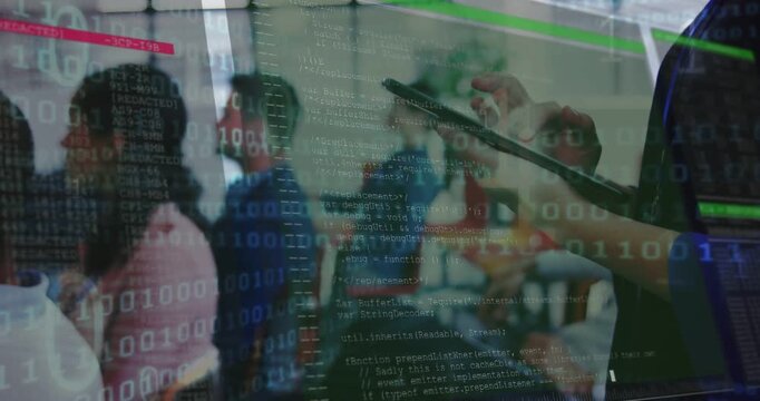 Instructor at right tapping tablet in classroom, generating binary overlays showing code editor