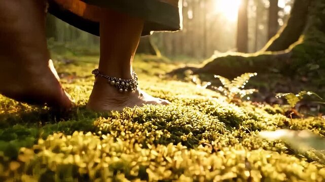 Close-up of bare feet walking on soft green moss in a forest. Person with silver anklets stepping on the forest floor during golden hour. Grounding and nature connection concept