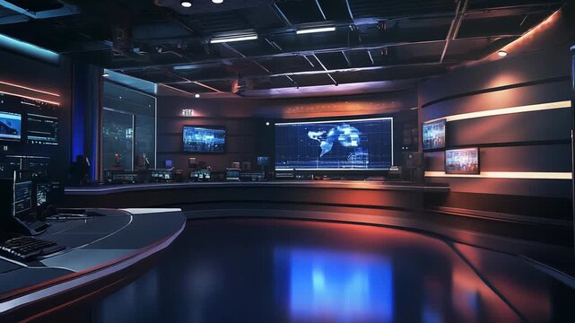 Modern broadcasting studio control room featuring multiple monitors displaying global news, data, and video feeds, creating a dynamic environment for media production and communication