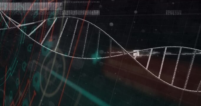 White-outlined double helix waving in HUD, marker sliding and scanning rungs, revealing tech data