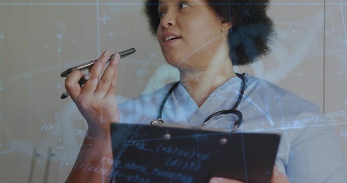 Nurse raising recorder, dictating notes for medical records while blue overlays marking clipboard