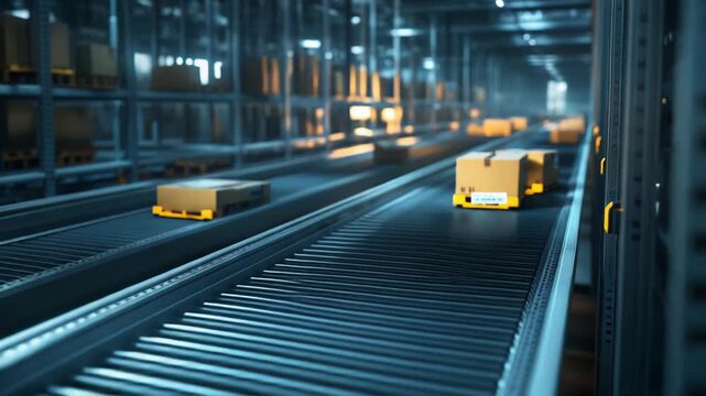 Cardboard boxes with labels moving along an automated roller conveyor belt in a large, modern distribution center, part of an efficient global supply chain for e commerce and fast delivery