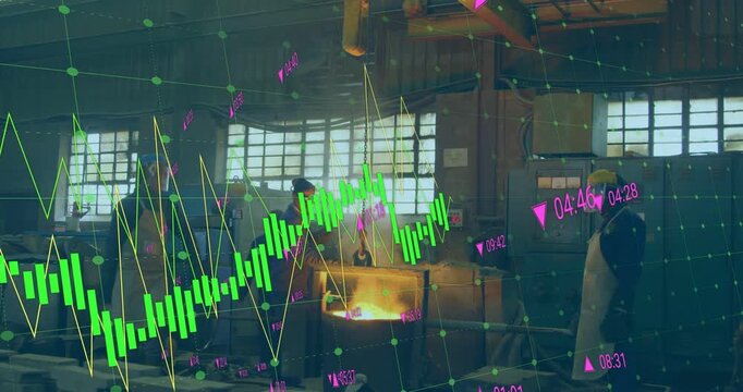 Stirring worker in aprons prompted by molten glow using long tool in foundry with financial overlay