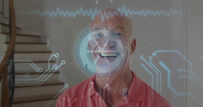 Senior man smiling and activating HUD health scan, locking onto mouth and pulsing with chest patch