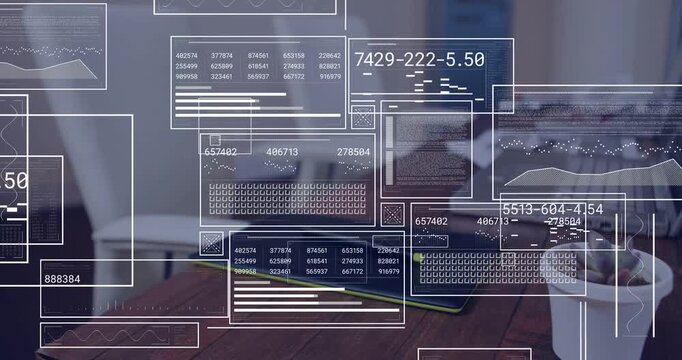 Notebook with lime trim stylus sitting on desk, UI appearing, collapsing, revealing technology data
