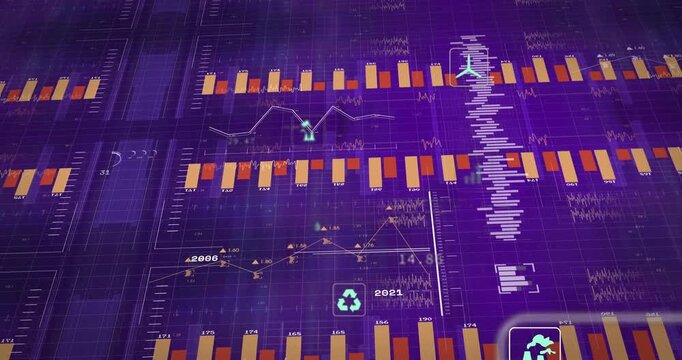 Data feed updating analytics grid growing tiled orange red bars, teal icons pulsing histogram right