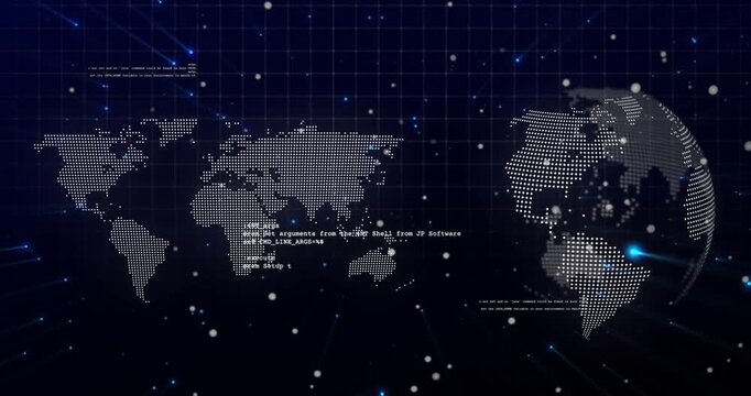 Vertical video: Blue streaks sparking dotted globe and map rotating in navy grid, showing data flow