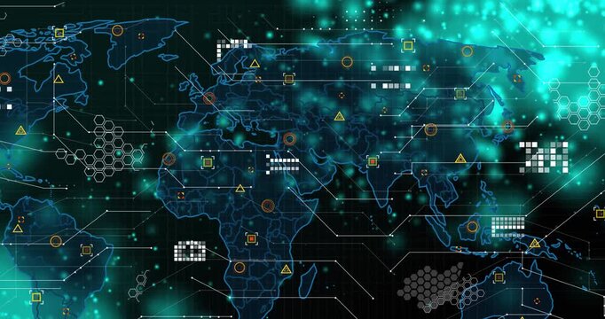 Blue-outlined map rising left, teal particles sweeping and assembling hex grids for network ops
