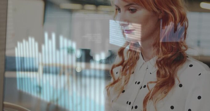Data analyst typing at desk causing charts morphing into monthly bars aligning gaze for analysis