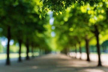 Naklejka premium Tree alley perspective blurred foreground leaves framed path symmetrical green rows peaceful park vista