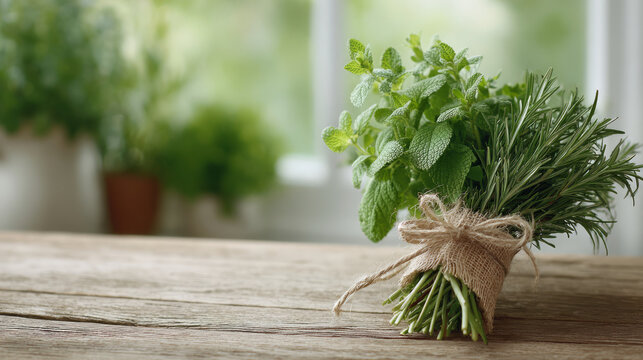 Fresh bouquet of aromatic herbs tied with twine on a rustic wooden table