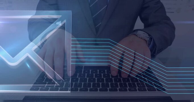 Businessman typing on laptop pressing keys starting mail icon and pulsing data lines, sending email