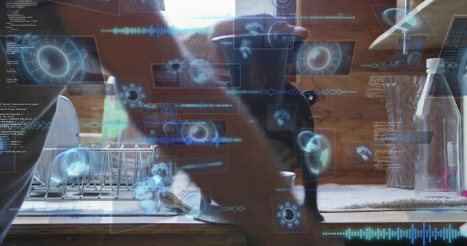 Man reaching to engage crank, turning grinder in kitchen, catching grounds while blue HUD growing