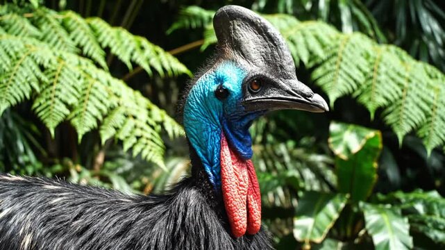 Striking Close-Up Portrait of a Colorful Cassowary Bird in Natural Habitat with Tropical Foliage