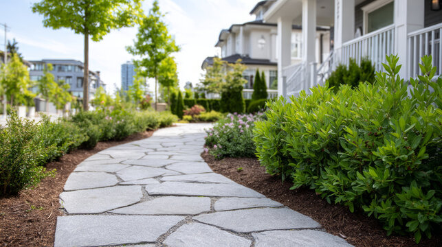 Curving flagstone pathway leads to a modern suburban home with lush landscaping
