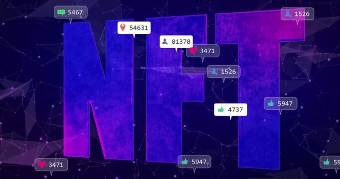 Vertical video: Scaling NFT letters drawing icons with counts on purple network, showing interest