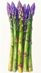 Fototapeta premium Watercolor painting of fresh green asparagus with purple tips on white background