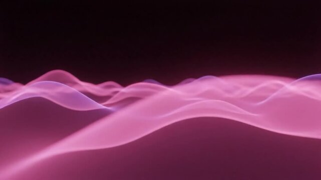 Abstract waves of light with pink and purple tones undulate in a dark space, peaceful and tranquil