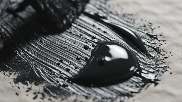 Close-up of artist painting with black brushstrokes and a puddle of wet glossy paint on textured paper