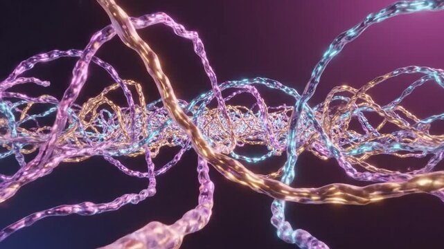 Abstract futuristic render of iridescent fluid threads with flowing, interwoven pathways and glowing colors on dark background