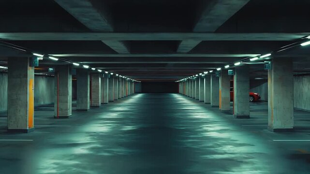 Illuminated empty underground concrete parking garage with wet reflective floor, fluorescent lights and strong vanishing lines conveying isolation, modern urban architecture and silence