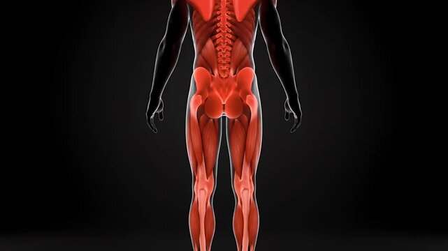 Human anatomy view of muscular system with red highlighted area in black background showing human torso with detailed musculature and spine
