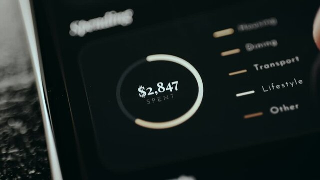 A circular progress bar indicates the proportion of Spending, Financial dashboard interface
