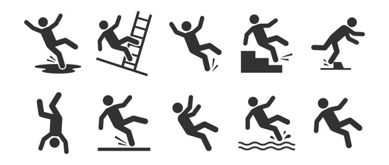set of black falling person icons with different slip, trip, and fall scenarios on transparent background © gerik_a