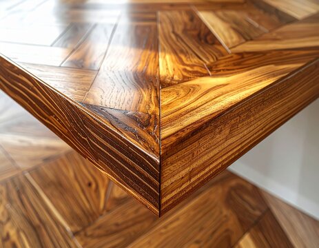 Close Up Of A Gleaming Polished Wooden Parquet Floor With Herringbone Pattern Illuminated By Warm Sunlight