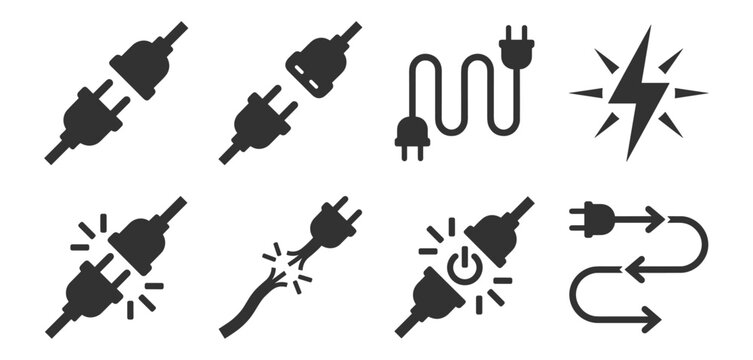 electric plug connector icons set with power cable and broken connection symbols on transparent background