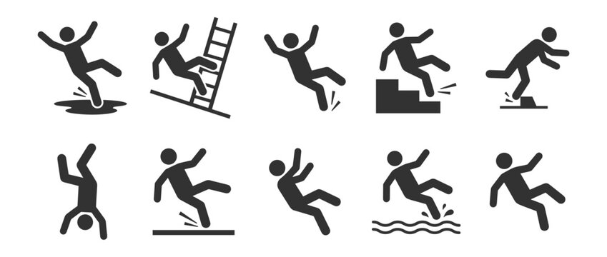 set of black falling person icons with different slip, trip, and fall scenarios on transparent background