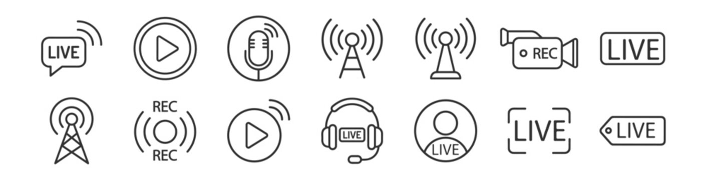 live streaming and broadcasting icons line art set for media and communication on transparent background