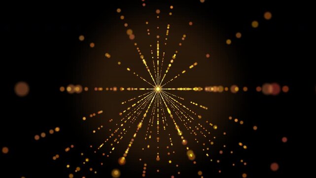 Radiant golden burst with sparkling light particles radiating outward from central bright point on black background. Abstract futuristic digital art with starburst effect.