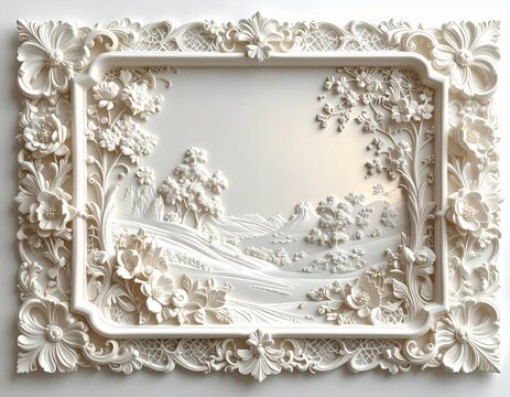 Ornate White Bas Relief Sculpture of a Landscape Scene with Floral Border