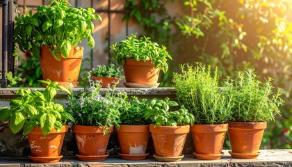 Fototapeta premium Terracotta Pots Filled With Fresh Green Herbs On Stone Steps Bathed In Sunlight
