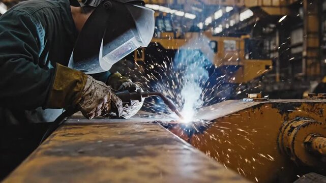 Industrial worker welds metal with sparks and light in a factory environment demonstrating a dangerous skill