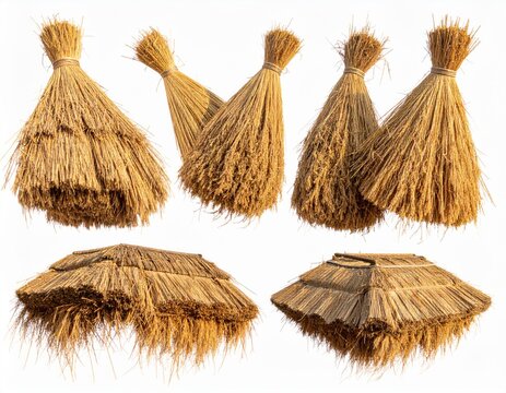 Collection of Thatch Roof Elements Isolated on White Background