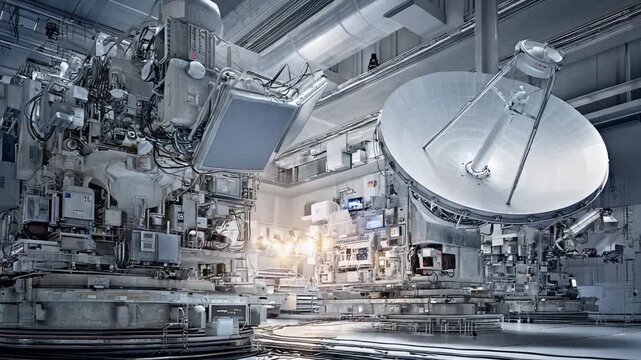 Large scale sophisticated machinery featuring a satellite dish and complex equipment forming part of a research center, symbolizing high technology development and scientific innovation