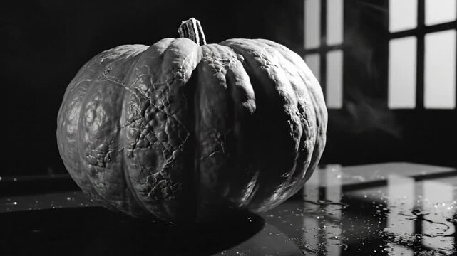 Spooky close-up shot of a textured pumpkin with fog, water droplets, and window light in a monochromatic Halloween scene.