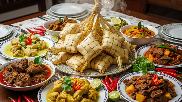 Festive Malaysian Indonesian Meal Featuring a Generous Spread of Ketupat Rendang and Traditional Curries for a Celebratory Gathering