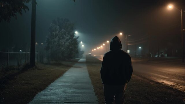Mysterious Hooded Figure Walking Alone on Dark Empty Street at Night