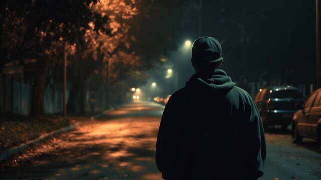 Mysterious Hooded Figure Walking Alone on Dark Empty Street at Night