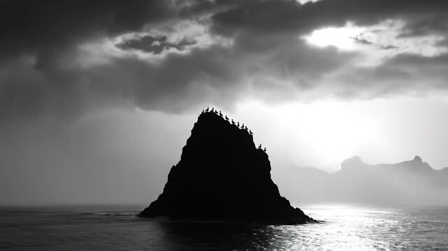 Dramatic black and white ocean scene with silhouette of island and flock of birds during a storm with lightning