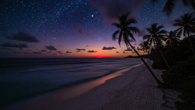 Time-lapse of a Tropical Beach with Palm Trees from Day to Night Showing Sunset and Starry Sky