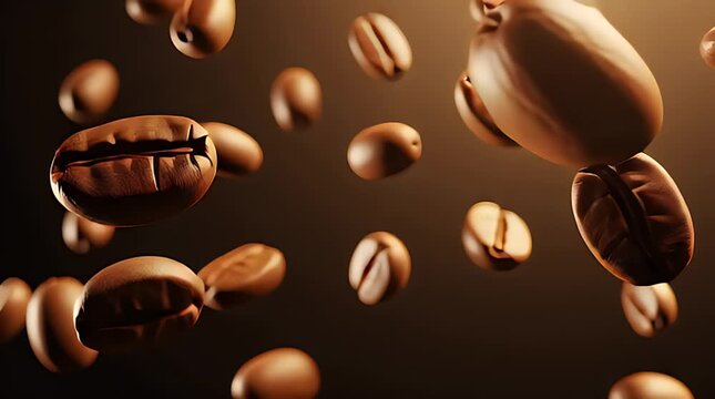 Rich roasted coffee beans captured in an appealing close-up, gently falling against a warm, dark backdrop, highlighting their delightful aroma and invigorating essence.