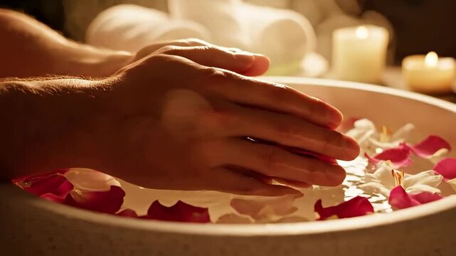 Hands immersed in a hand bath with floating flower petals. Spa treatment and wellness concept. Close-up of hands in water with pink and white petals. Luxury self-care routine