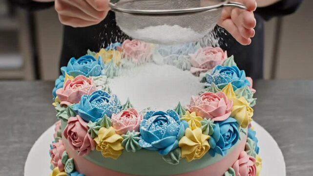 Chef dusting powdered sugar over a beautifully decorated floral cake creating a light and elegant finish