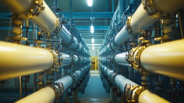 Industrial facility interior with numerous pipes and processing equipment aligning a long corridor, indicating a complex system for manufacturing or purification processes