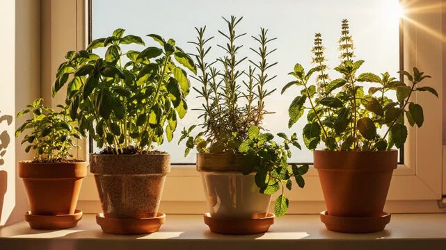 Herb garden in the kitchen: basil, rosemary, mint plants illuminated by sunlight on a windowsill.